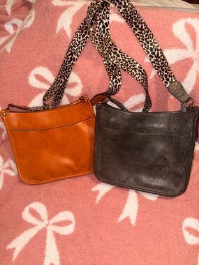 Leather Crossbody Bags with Leopard Strap - Brown and Gray